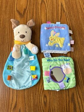 Taggies Puppy Dog Lovey Blanket & 2 Soft Coth Taggies Baby Books Sensory toy lot
